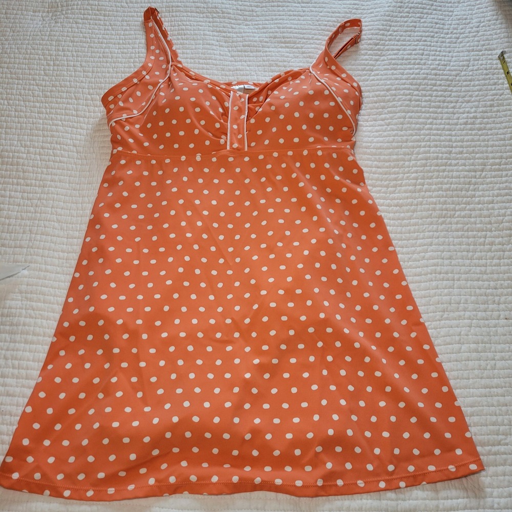 Roaman's Swim Women 20W Orange Polka Dot Swim Dress V-Neck Adjustable Straps